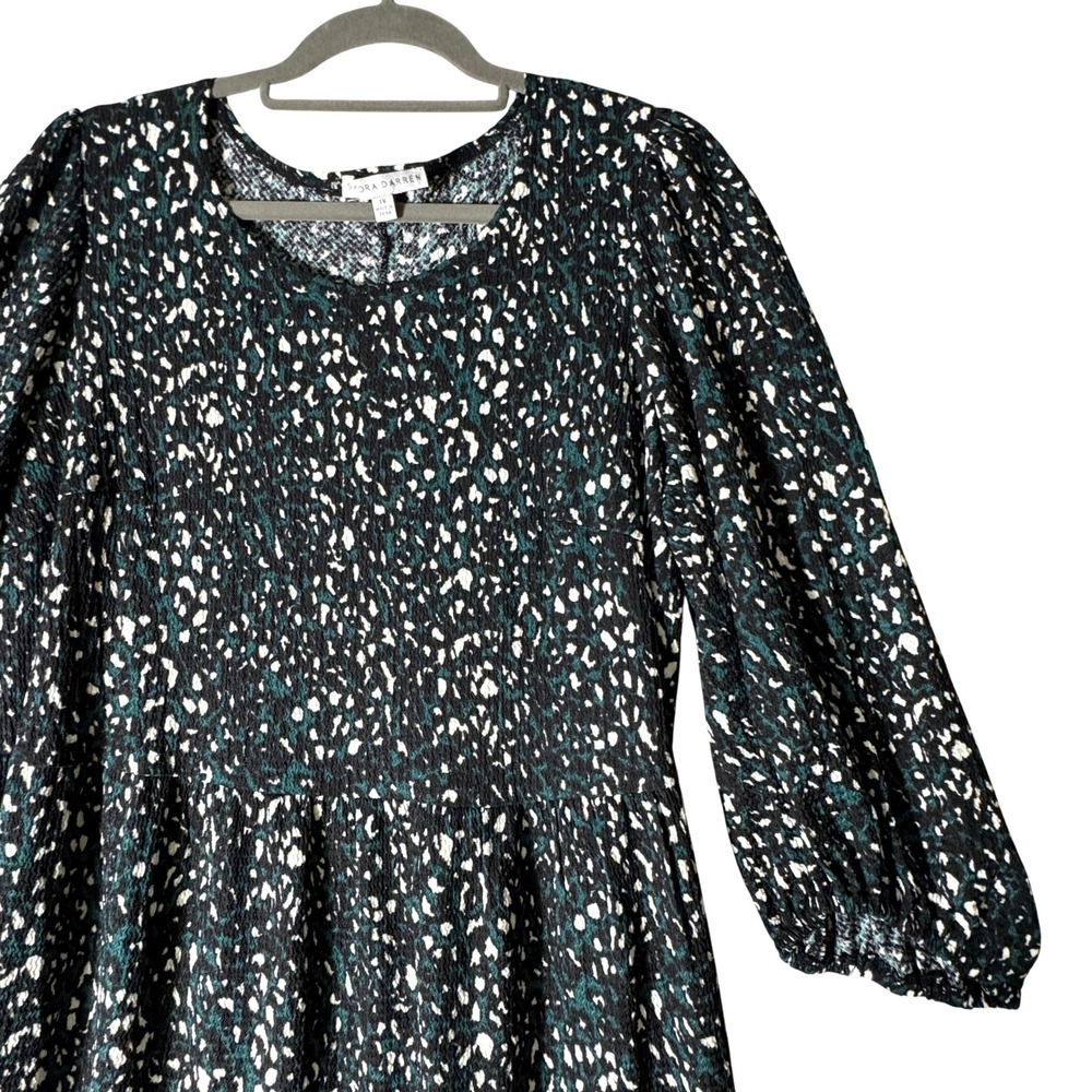 Black Teal‎ White Animal Print Tiered Midi Dress Women's Size 1X Ballon Sleeve